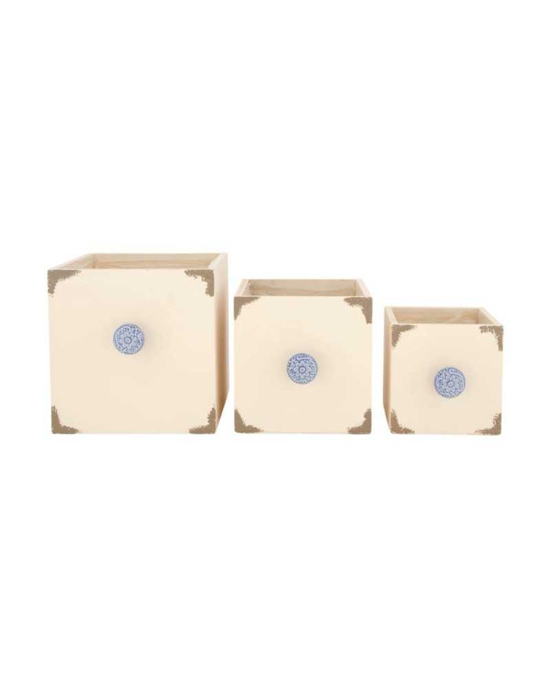 Contenitori e cassetti | Set 3 pz quadri in legno cm 18 h 18 cream | 8721071002671