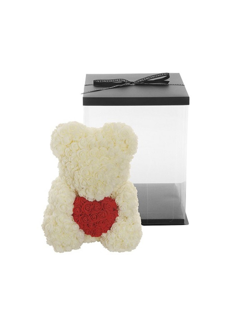 Orsacchiotto Orsetto Orso Di Rose Con Fiori Da 40cm Bianco Con Cuore Rosso  