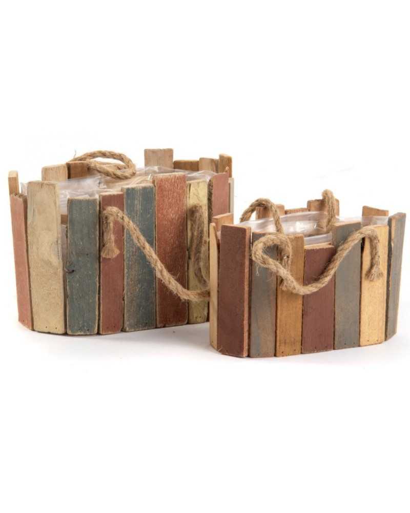 Contenitori e cassetti | Set 2 borsine ovali in legno a doghe multicolor 26x10 h17 | 8056146082242