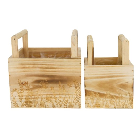 Set 2 vasi quadri in legno cm18-12 h18-12 con manici naturali in Contenitori e Cassetti in Legno