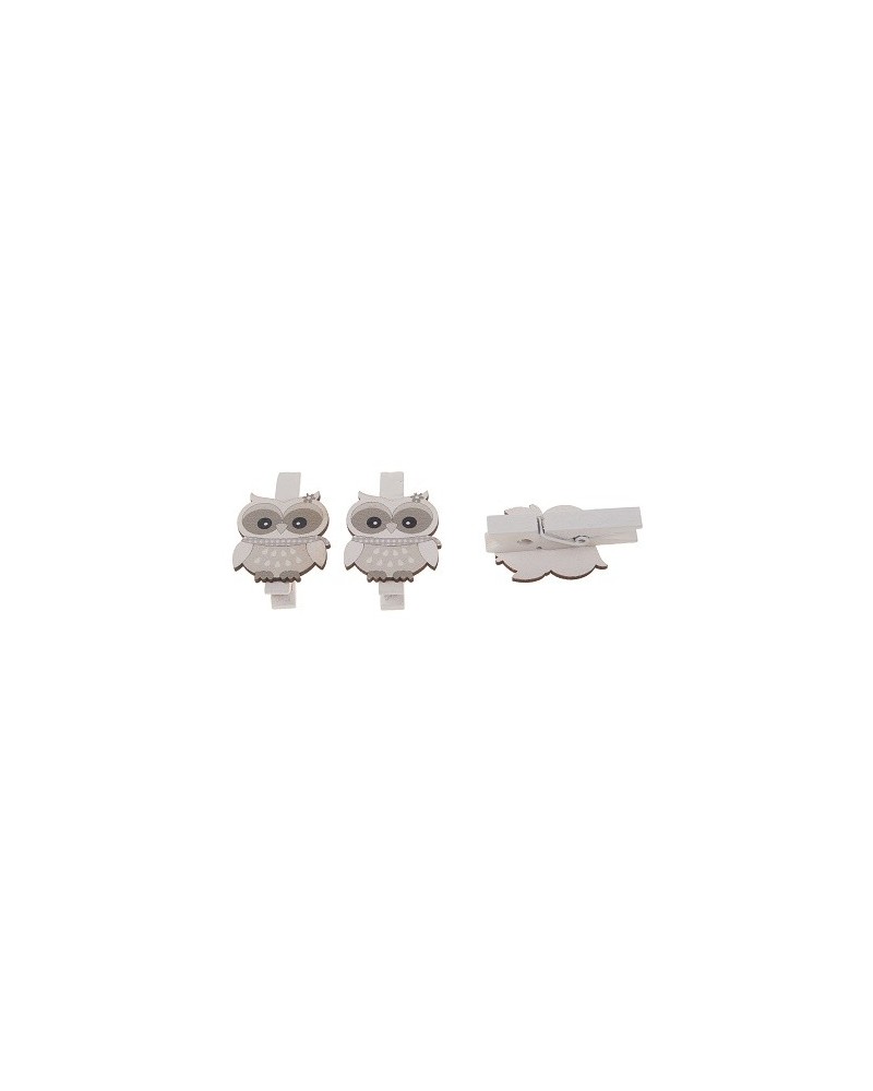 Gufi in legno con clip grigio e bianco – confezione 6 pezzi