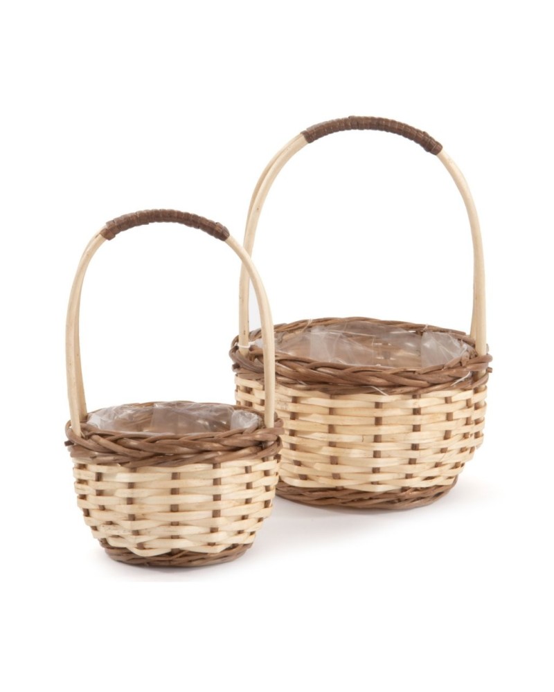 Cesti in Vimini e Naturali | Set di 2 Cesti in Rattan con Manico - (Ø 28 cm x H. 15 cm) e (Ø 19 cm x H. 25 cm) - Naturale | 8056146138801
