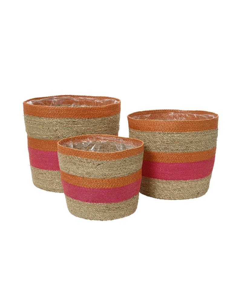 Cesti in Vimini e Naturali | Set di 3 Cesti Paper a Righe - 33x31 cm, Natural, Fucsia e Arancio | 8720725150973