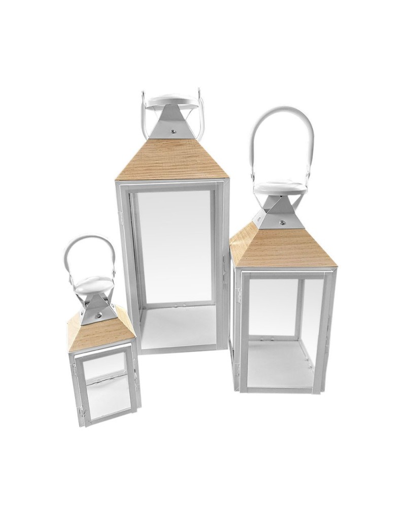 Lanterne | Set 3 Lanterne Kioto in Metallo con Tetto in Legno - Diverse Altezze (11x23 cm, 17x37 cm, 22x53 cm) - Bianco | 8054751647221