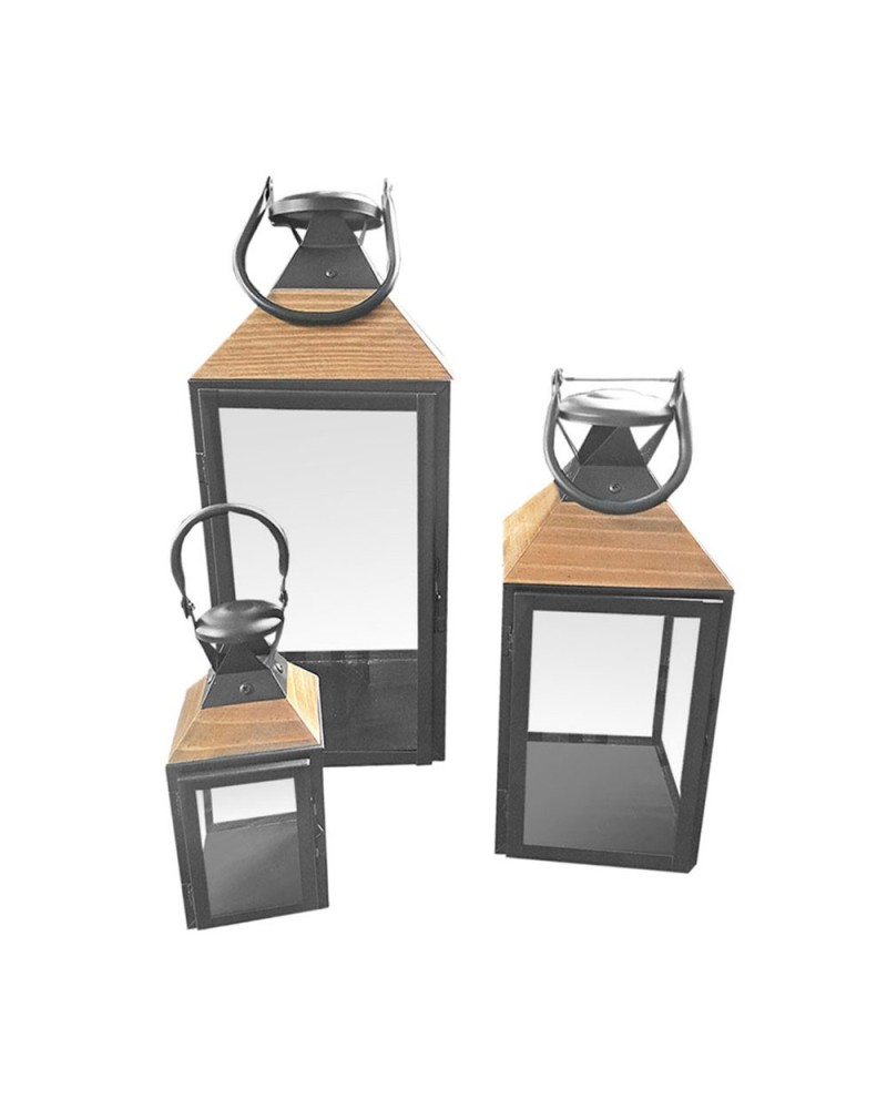 Lanterne | Set 3 Lanterne Kioto in Metallo con Tetto in Legno - Diverse Altezze (11x23 cm, 17x37 cm, 22x53 cm) - Nero | 8054751647238