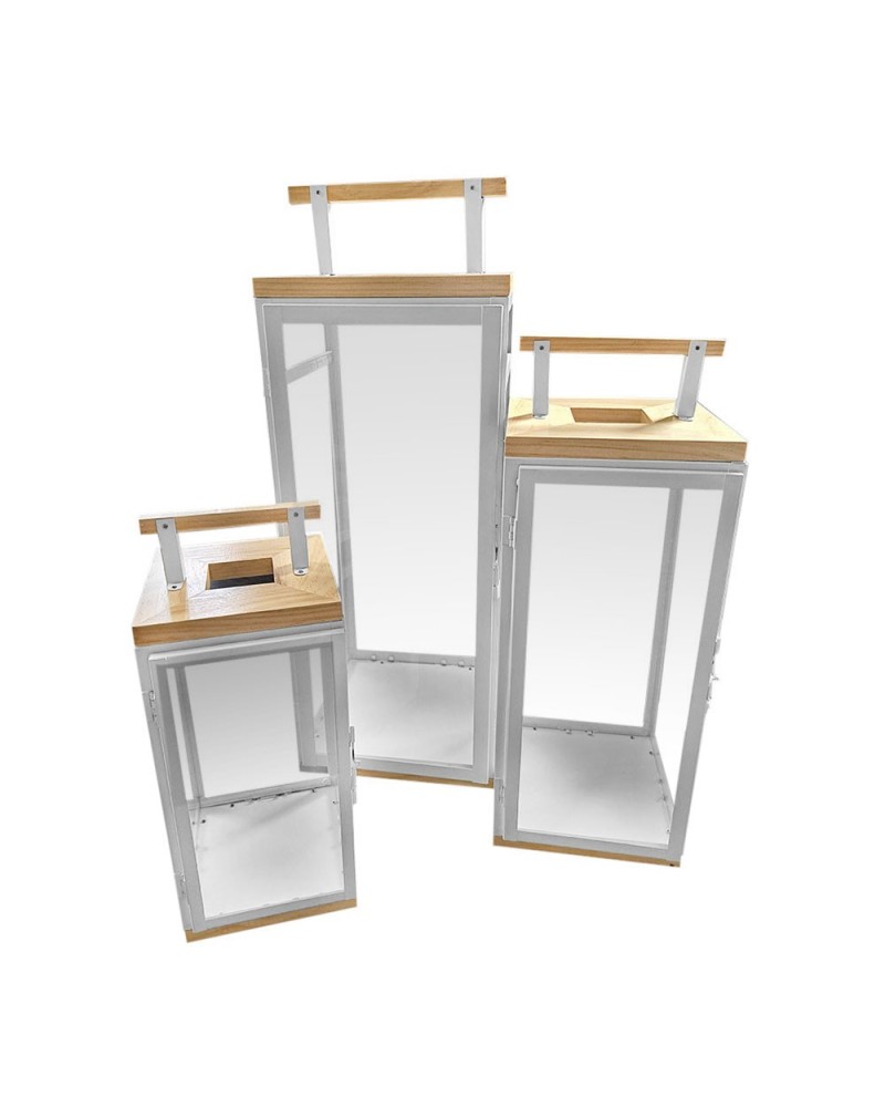 Lanterne | Set 3 Lanterne Zen in Metallo con Tetto in Legno - Diverse Altezze (15x34 cm, 18x43 cm, 22x52 cm) - Bianco | 8054751647269