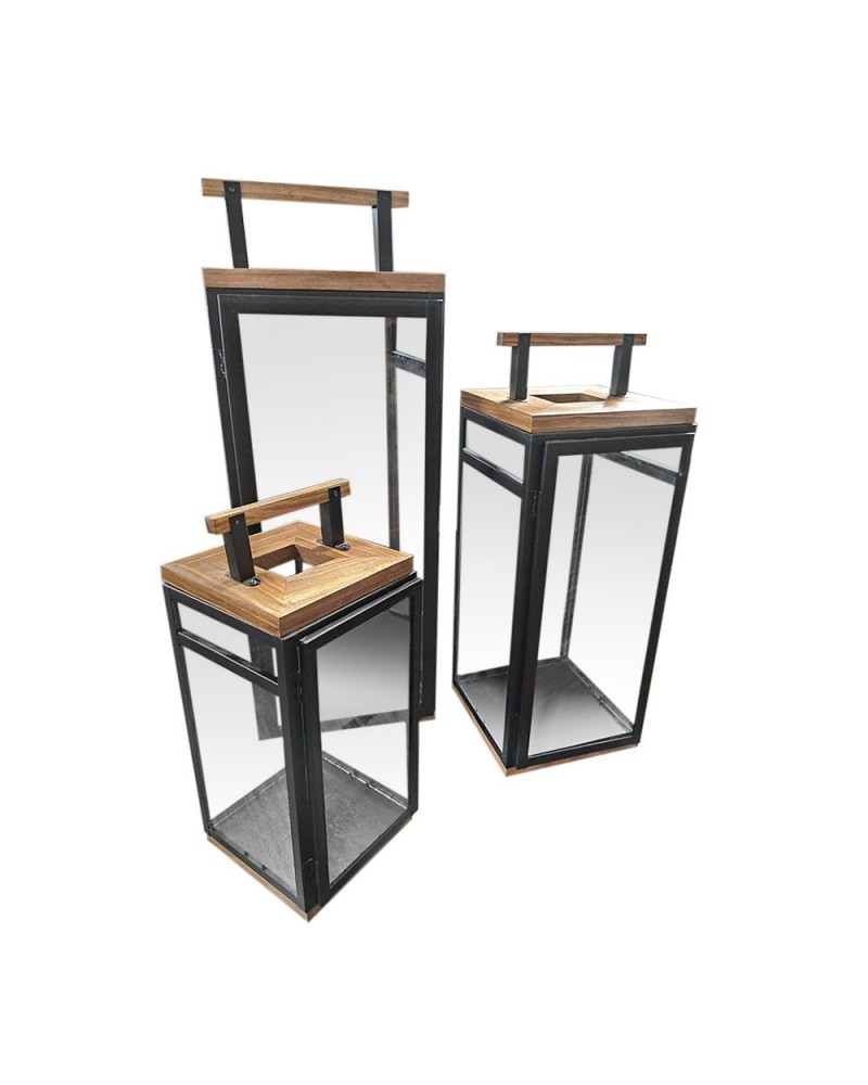 Lanterne | Set 3 Lanterne Zen in Metallo con Tetto in Legno - Diverse Altezze (15x34 cm, 18x43 cm, 22x52 cm) - Nero | 8054751647276