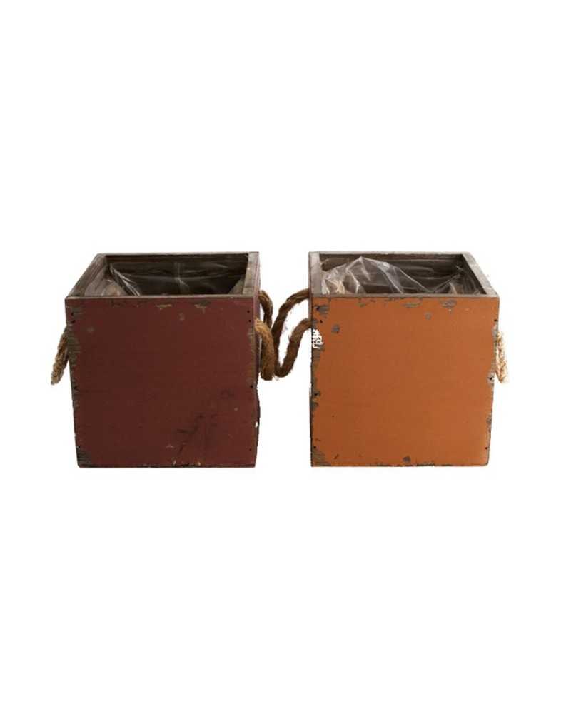 Set di 2 cassette in legno con manici 12x12x12 cm, rivestite internamente in plastica