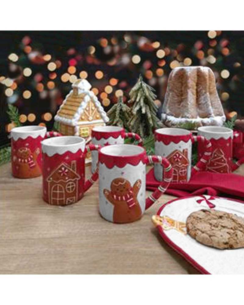 Tavola | Set 6 tazze dec biscotto ceramica dm8 h11.5 rosse-bianche | 