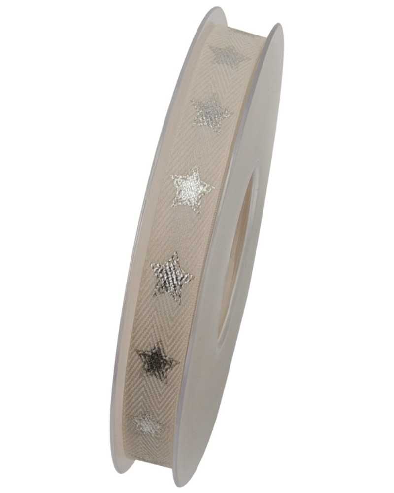 Nastri e Cordini | Fetuccia cotone mm 15x20 mt crema con stelle argento | 