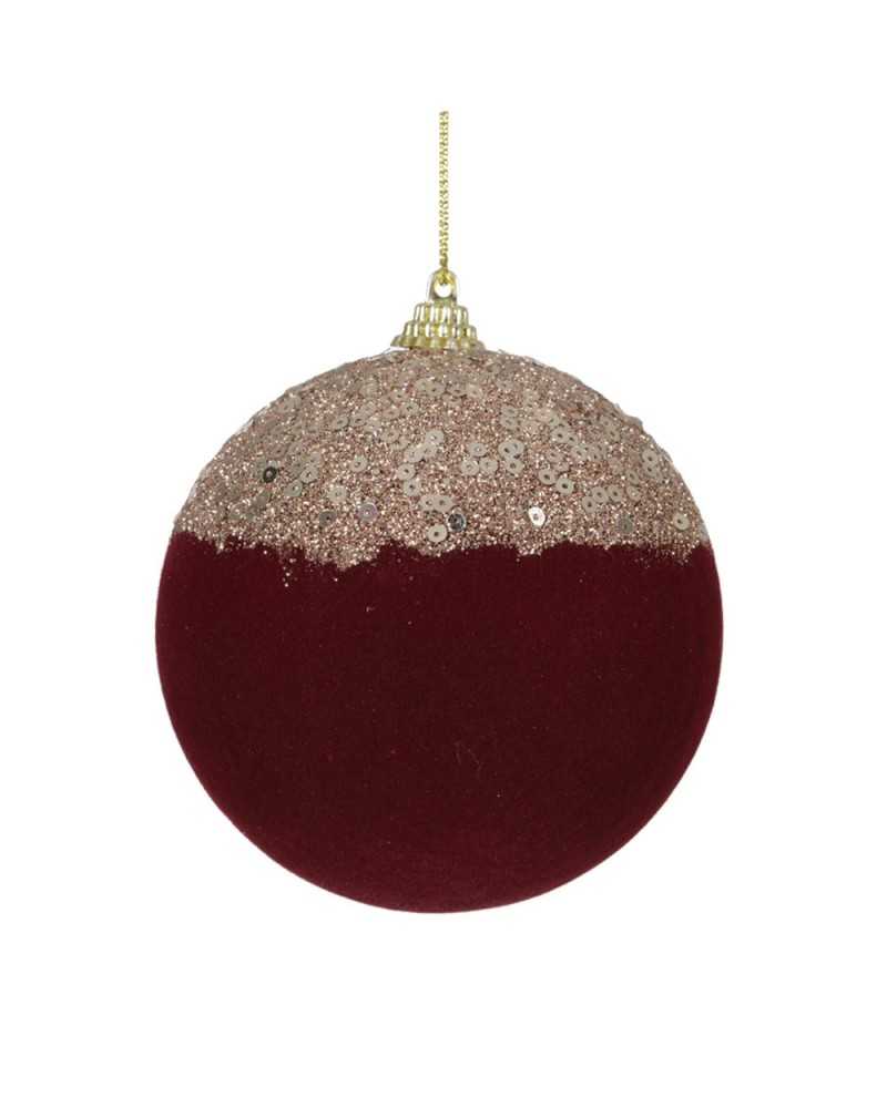 Palline di Natale | Pallina floccata dm 10 red oxblood glitter paillets silver | 