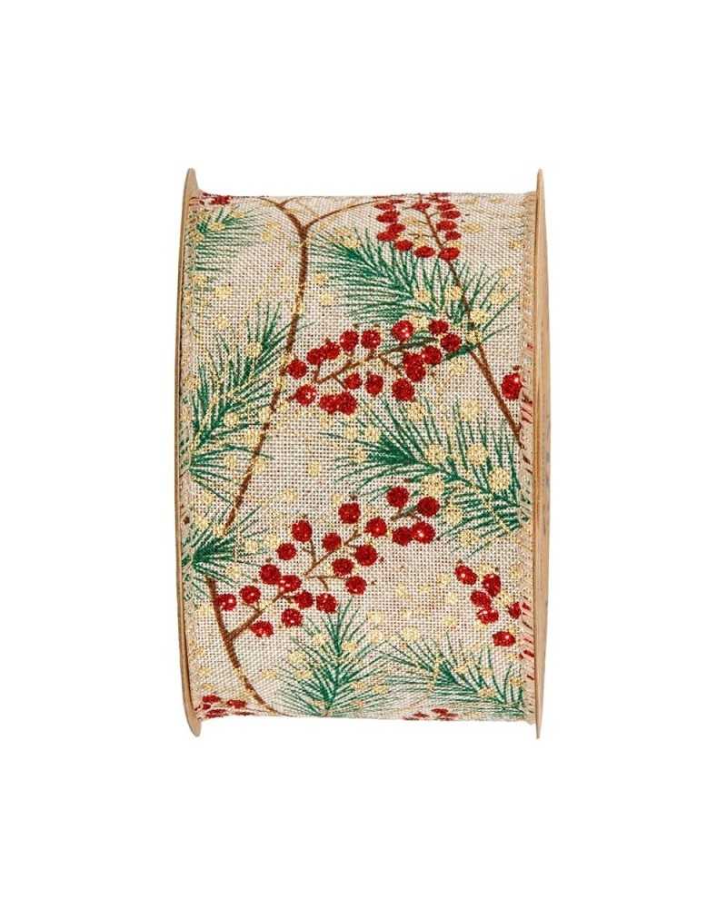 Nastri e Cordini | Nastro bacche rosse mm 63 x 10 mt fondo naturale | 
