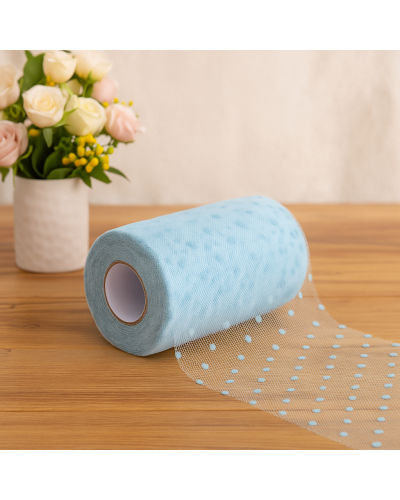 Bobina Tulle a Pois Azzurro H.12.5 cm x 25 mt, per Decorazioni Cerimonie e Allestimenti
