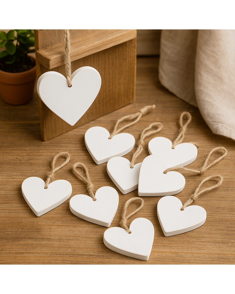 Cuori in legno con cordino bianchi Ø7 cm - 10 pezzi