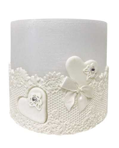Nuovi arrivi | Porta tealight cm13 h14 in cera cricamo e cuori bianca | 