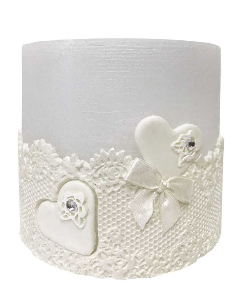 Nuovi arrivi | Porta tealight cm13 h14 in cera cricamo e cuori bianca | 
