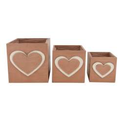 Set 3pz vasi quadrati in legno con cuori cm 18x18
