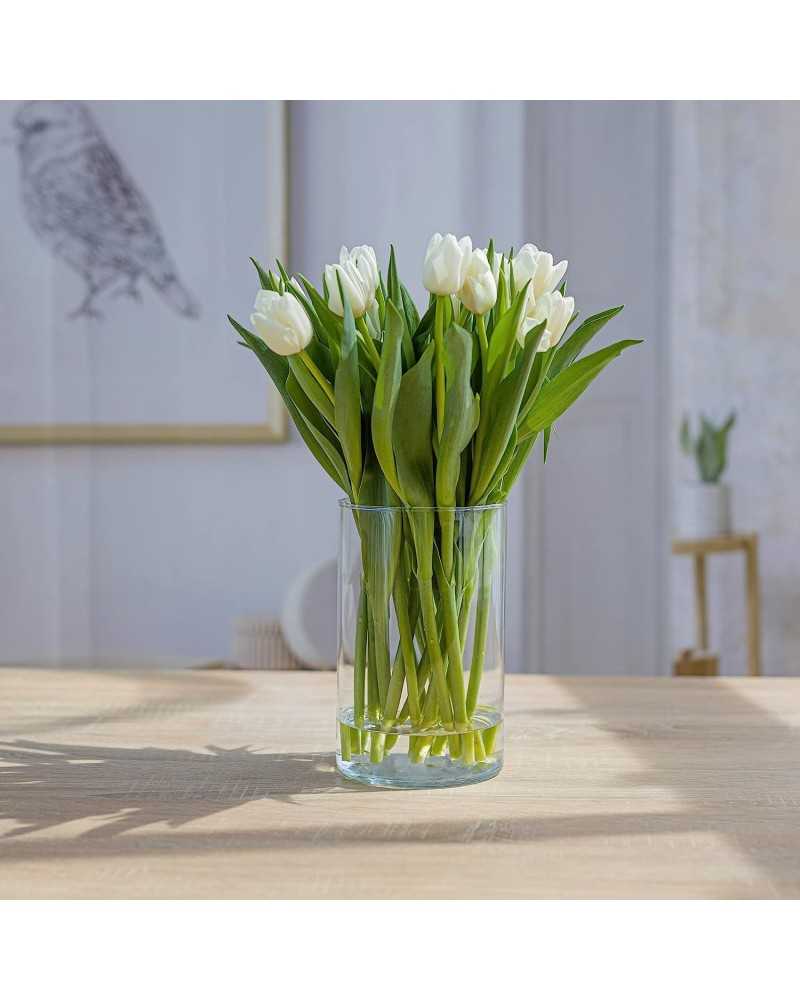 Vaso cilindro in vetro trasparente 10×20 cm con fiori freschi: eleganza e stile per ogni ambiente.