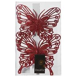 Box 2pz farfalle con clip glitterate rosse cm 13 h 11